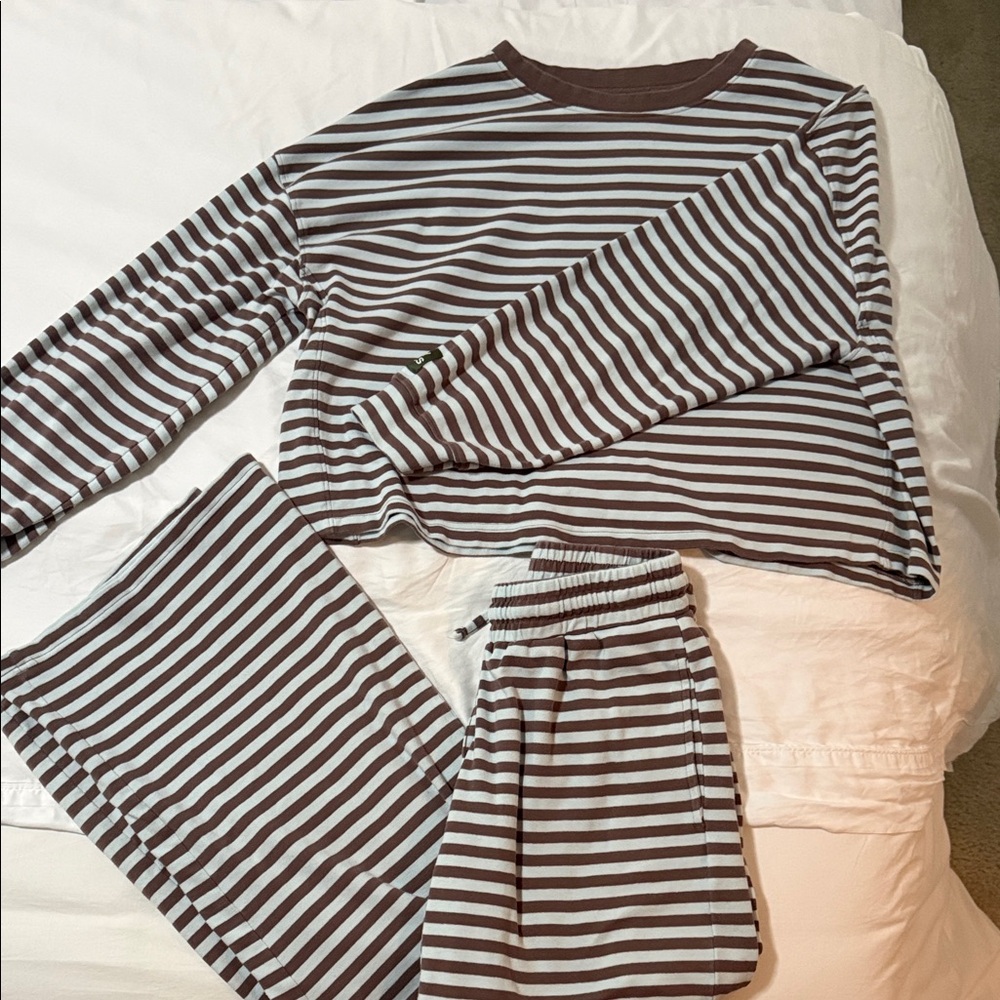 Daily Drills Light Blue and Brown Striped Long-Sleeve Pant Set